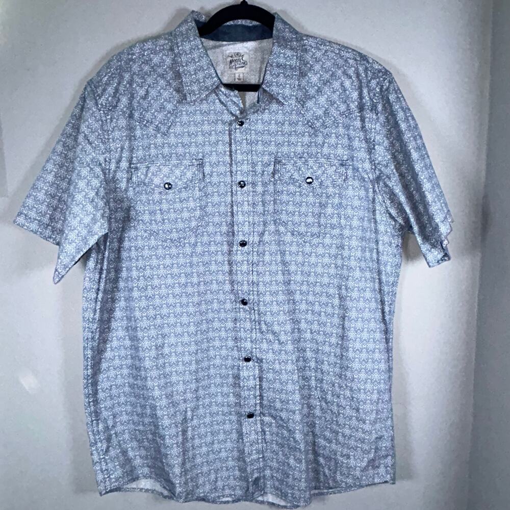 Moonshine Spirit Brad Paisley Blue/White Geo Print Pearl Snap SS Shirt, Mens L